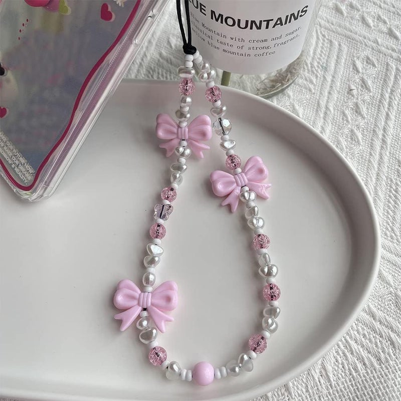 WCCH Beaded Phone Charm Y2K Kawaii Handmade Acrylic Phone Lanyard Wrist Strap for Camera Bag Airpods Keychain Charm Pink Bow and Small Pearls - Image 2